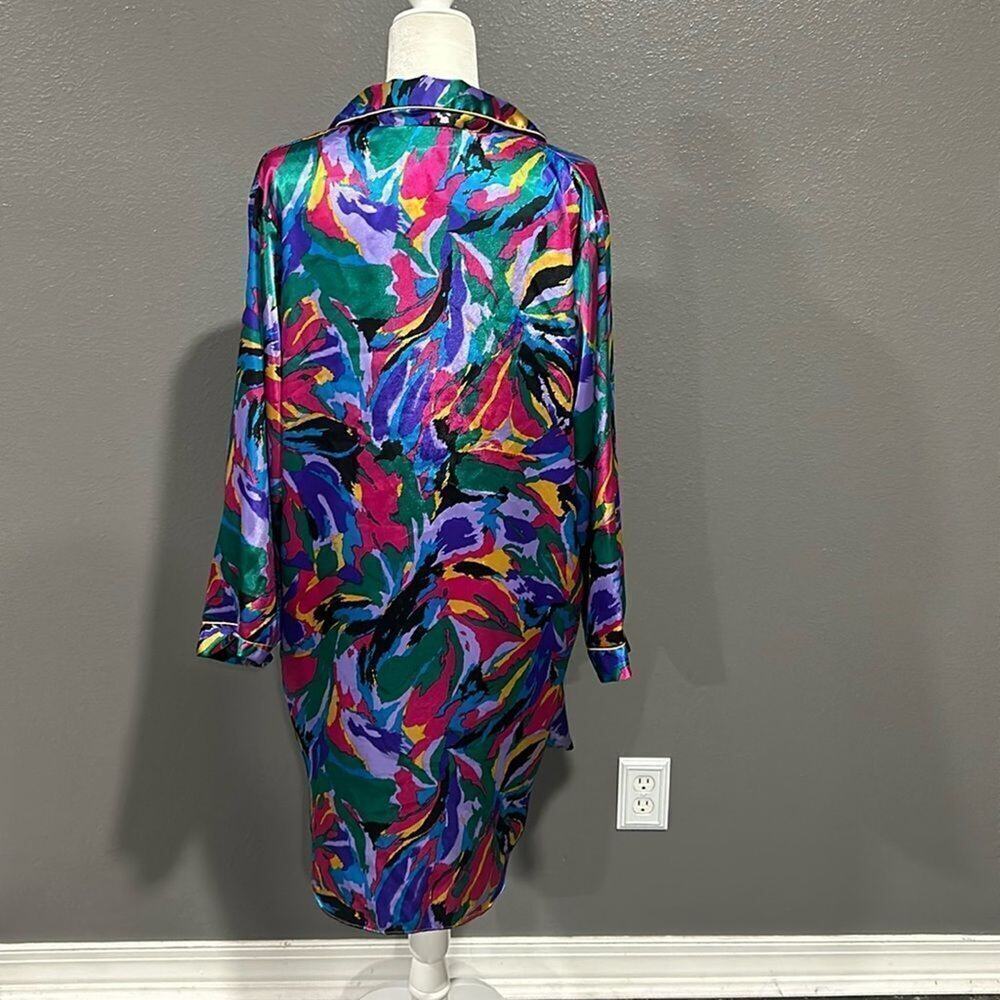 Vintage Adolfo Multicolored Long Sleeved Silky Nightgown L - Picture 2 of 8